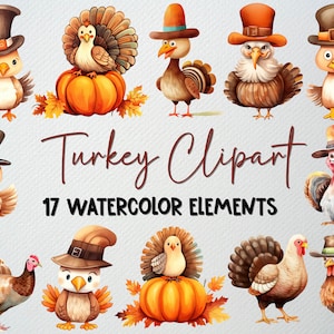 Watercolor Turkey Clipart Set Of 17 PNG Files, Thanksgiving Clipart, Cute Turkey Clipart, Holiday Clipart, Fall Clipart, COMMERCIAL LICENSE