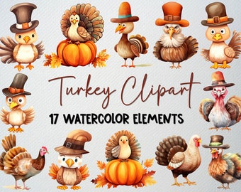 Watercolor Turkey Clipart Set: 17 Thanksgiving PNG Files (Commercial License)