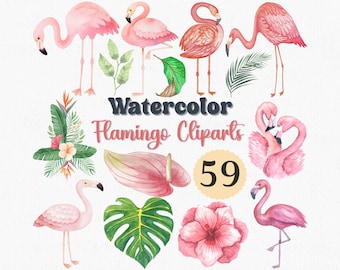 Watercolor Flamingo Clipart Set: 59 Tropical Bird PNG Files (Digital Download)