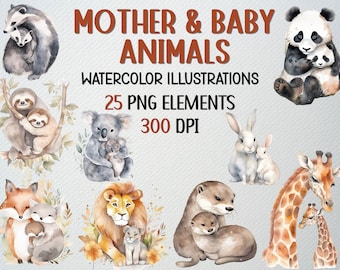 水彩画の母親と赤ちゃん動物のクリップアート、25 種類の PNG イラスト（デジタル ダウンロード）