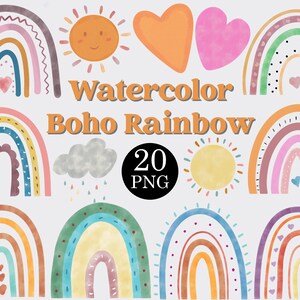 Watercolor Boho Rainbow Clipart Set, Rainbow Clipart, Baby Shower Clipart, Boho Nursery Decor, Cute Rainbow Png, COMMERCIAL LICENSE