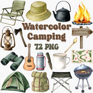 Clipart de acampamento em aquarela 72 PNG, clipart de aventura ao ar livre, clipart de viagem, fogueira PNG, acampamento rústico, clipart de acampamento de verão, floresta png