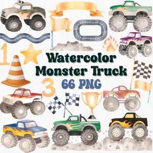 Conjunto de imágenes prediseñadas de Monster Trucks en acuarela, PNG de camión todoterreno, decoración de fiesta de Monster Truck, imágenes prediseñadas de autos de carreras, gráficos para cumpleaños y álbumes de recortes