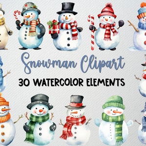 Watercolor Snowman Clipart Set: 30 PNG Christmas Holiday Images (Commercial License)