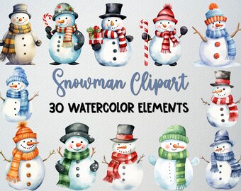 Watercolor Snowman Clipart Set: 30 PNG Christmas Holiday Images (Commercial License)