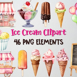 Aquarell Eis Clipart Set von 46 PNG-Dateien, Sommer Clipart, Eis am Stiel Clipart, Dessert Clipart, Eis Png, KOMMERZIELLE LIZENZ