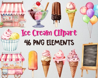 Watercolor Ice Cream Clipart Set: 46 PNG Summer Dessert Graphics (Commercial License)