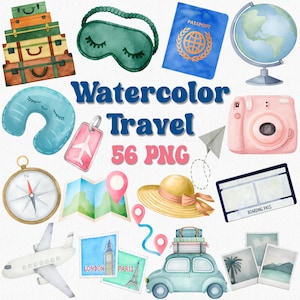 Aquarell Reise Clipart Set 56 PNG, Urlaub Clipart, Abenteuer Clipart, Reisejournal PNG, Karte Clipart, Fernweh Clipart, Scrapbooking