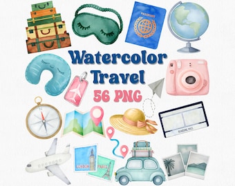 Watercolor Travel Clipart Set: Adventure Scrapbooking (56 PNG)