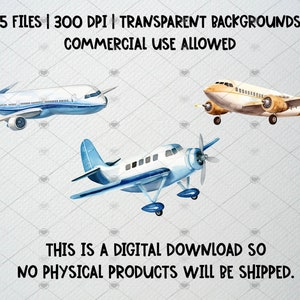 May include: A set of 25 watercolour illustrations of aeroplanes with transparent backgrounds. The aeroplanes are in various styles, including a modern jet, a vintage propeller plane, and a small private plane. The illustrations are perfect for use in digital projects, such as scrapbooking, card making, and web design.