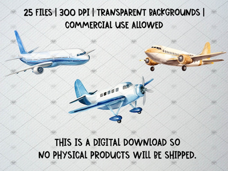 May include: A set of 25 watercolour illustrations of aeroplanes with transparent backgrounds. The aeroplanes are in various styles, including a modern jet, a vintage propeller plane, and a small private plane. The illustrations are perfect for use in digital projects, such as scrapbooking, card making, and web design.