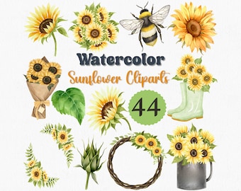 Aquarell Sonnenblumen Clipart Set: 44 rustikale Blumen PNGs (Digitaler Download)