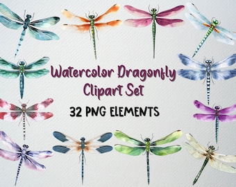 Watercolor Dragonfly Clipart Set: 32 PNG Files, Commercial Use