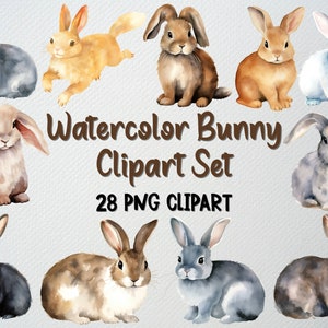 Watercolor Bunny Clipart Set Of 28 PNG Files, Rabbit Clipart, Cute Bunny Clipart, Easter Bunny Clipart, Easter Png, COMMERCIAL LICENSE