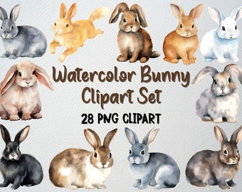 Watercolor Bunny Clipart Set: 28 PNG Easter Graphics (Commercial License)