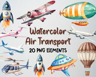Clipartset aquarel vliegtuig: luchtvervoer png-bundel (digitale download)