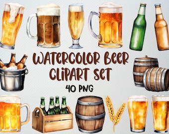Watercolor Beer Clipart Set: 40 PNG Illustrations (Commercial License)