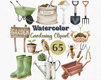 Watercolor Garden Clipart Set: Flowers, Herbs, Tools (65 PNG Files) (Digital Download)