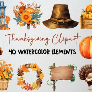 Lot de 40 fichiers PNG aquarelle pour Thanksgiving, clipart automne, clipart Turquie, clipart automne, décoration de Thanksgiving, LICENCE COMMERCIALE