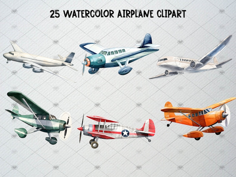 May include: A set of 25 watercolour illustrations of aeroplanes in various colours and styles. The aeroplanes are in flight and are depicted in a realistic style. The illustrations are perfect for use in scrapbooking, card making, and other craft projects.