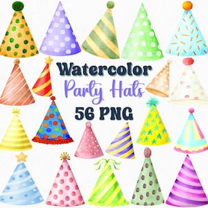 Watercolor Party Hats Clipart Set, 56 PNG Files, Birthday Hat Illustrations, Party Invitation Graphics, Kids Party Clipart, DIY Party Decor