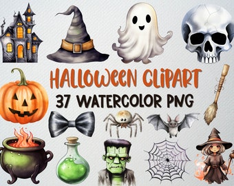 Watercolor Halloween Clipart Set: 37 PNG Witch, Ghost, Spooky Illustrations (Commercial License)
