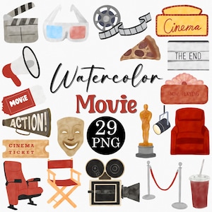 Watercolor Movie Clipart Set: Cinema & Theatre PNG Files (29)