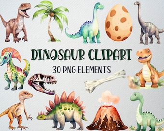 Watercolor Dinosaur Clipart Set Of 30 PNG Files, Dino Clipart, Cute Dinosaurs, Baby Dino Clipart, T-rex Clipart, COMMERCIAL LICENSE