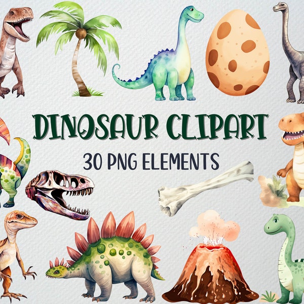 Watercolor Dinosaur Clipart Set Of 30 PNG Files, Dino Clipart, Cute Dinosaurs, Baby Dino Clipart, T-rex Clipart, COMMERCIAL LICENSE