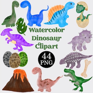 Watercolor Dinosaur Clipart Set Of 44 PNG Files, Dino Clipart, Cute Dinosaurs, Baby Dino Clipart, T-rex Clipart, COMMERCIAL LICENSE