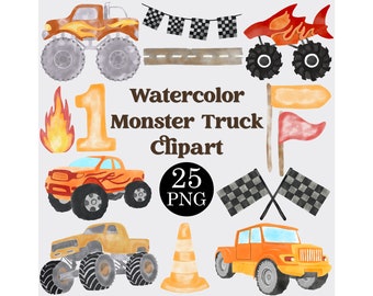 Watercolor Monster Truck Clipart Set: Racing PNG (Commercial License)