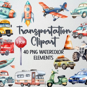 Conjunto de 40 imágenes prediseñadas de transporte en acuarela, imágenes prediseñadas de vehículos, imágenes prediseñadas de automóviles, imágenes prediseñadas de aviones, imágenes prediseñadas de autobuses, licencia comercial