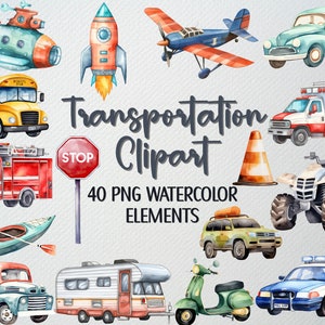 Aquarelle transport Clipart ensemble de 40 fichiers PNG, véhicules Clipart ensemble, voitures Clipart, Clipart avion, Bus Clipart, licence commerciale