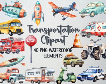 Watercolor Transportation Clipart Set of 40 PNG Files, Vehicles Clipart Set, Cars Clipart, Airplane Clipart, Bus Clipart, COMMERCIAL LICENSE