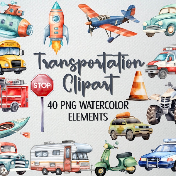 Aquarelle transport Clipart ensemble de 40 fichiers PNG, véhicules Clipart ensemble, voitures Clipart, Clipart avion, Bus Clipart, licence commerciale