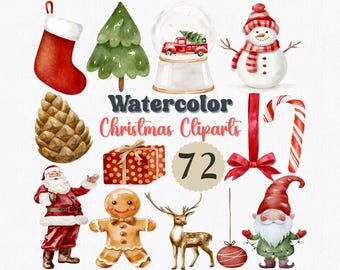 Set di clipart natalizie ad acquerello: 72 illustrazioni natalizie in formato PNG (download digitale)