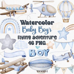 Aquarell Baby Boy Fliegen Abenteuer Clipart, Blaues Flugzeug Heißluftballon Kinderzimmer Kunst, Baby-Dusche-Grafik, Geburtstag Dekor, Boho Baby Png
