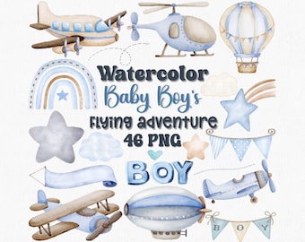 Illustrazione ad acquerello di un bambino che vola: aereo, palloncino, decorazioni per la cameretta (PNG)