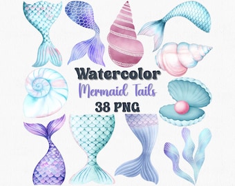 Clipart di coda di sirena ad acquerello: 38 file PNG pastello per lavoretti (download digitale)