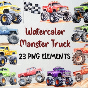 Set di clipart di monster truck ad acquerello di 23 file PNG, clipart di camion, png fuoristrada, clipart di corse, illustrazione di monster truck