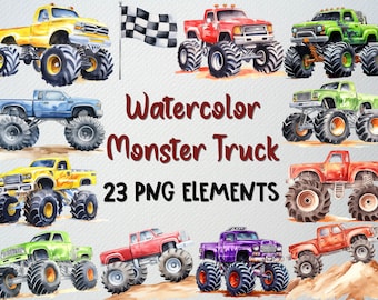 Watercolor Monster Truck Clipart Set: 23 PNG Files