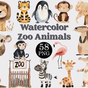 Aquarell Zootiere Clipart-Set von 58 PNG-Dateien, niedlichen Tier Clipart, Safari Clipart, Baby-Dusche-Clipart, Dschungel Png, KOMMERZIELLE LIZENZ