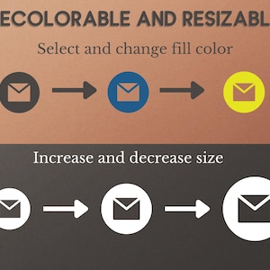 May include: Illustration showing how to recolor and resize an email icon. The icon is shown in black, blue, and yellow. The icon is also shown in different sizes.