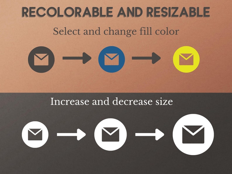 May include: Illustration showing how to recolor and resize an email icon. The icon is shown in black, blue, and yellow. The icon is also shown in different sizes.