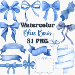 Watercolor Blue Bows PNG Clipart, 31 Hand Painted Bows, Blue Ribbon, Gift Bow, Baby Shower Clipart, Coquette Bow Clipart, Ribbon Bow Clipart