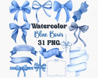 Watercolor Blue Bows Clipart: 31 Hand-Painted PNGs (Digital Download)