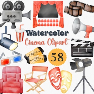 Watercolor Cinema Clipart Set, 26 PNG, Film Reel, Popcorn, Tickets, Projector, Movie Night Clipart Bundle, Cinema Party, Planner, Stickers