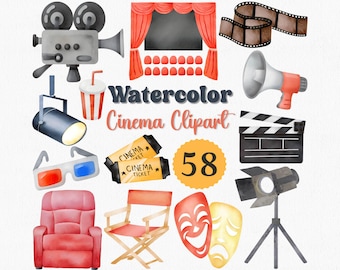 Aquarel bioscoop clipartset: filmavond png-afbeeldingen (digitale download)