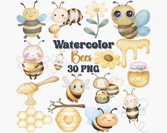 Watercolor Bee Clipart Set, Honeybee PNG Files (30) (Digital Download)