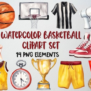 Zestaw 14 akwarelowych clipartów koszykarskich PNG, clipart sportowy, ilustracja koszykówki, grafika koszykówki, LICENCJA KOMERCYJNA